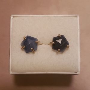 Brass Tone Stud Earrings with Blue Stone Gems